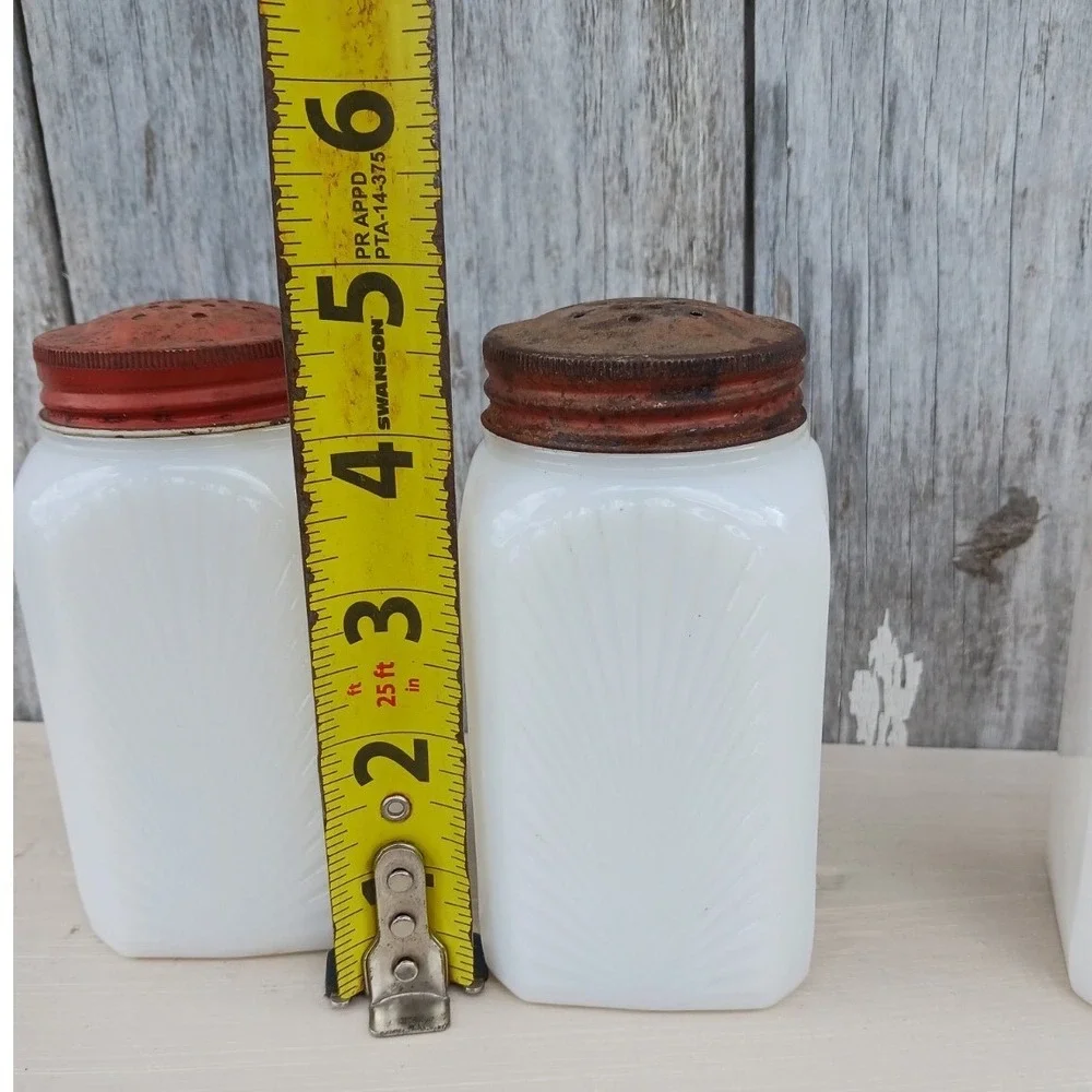 Vintage Milk‎ Glass Spice Shakers Set of 3 White Red Lids Farmhouse